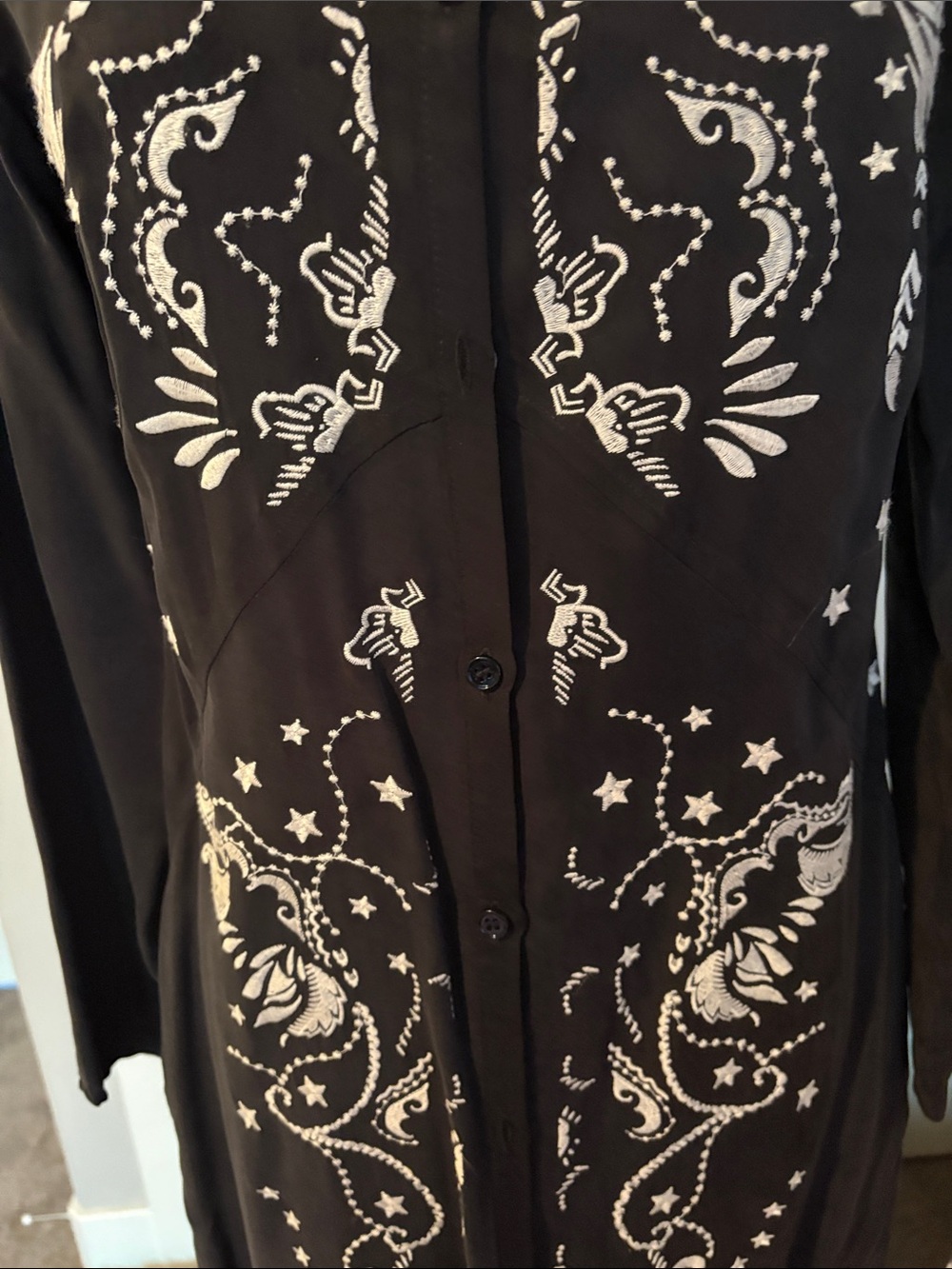 Odd Molly Black Long-Sleeve Embroidered Shirt Dress w/ White Motifs & open back. - Picture 8 of 11